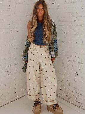 Peach love brown polka dot barrel jeans